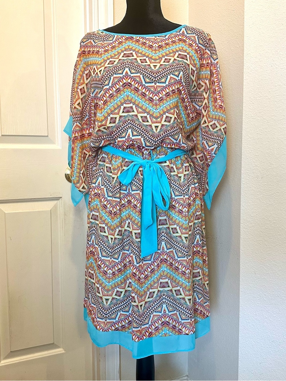 Vintage AGB Boho Festival Dress Size 6 Sheer Kimono Sleeve Tie Waist - Picture 2 of 11